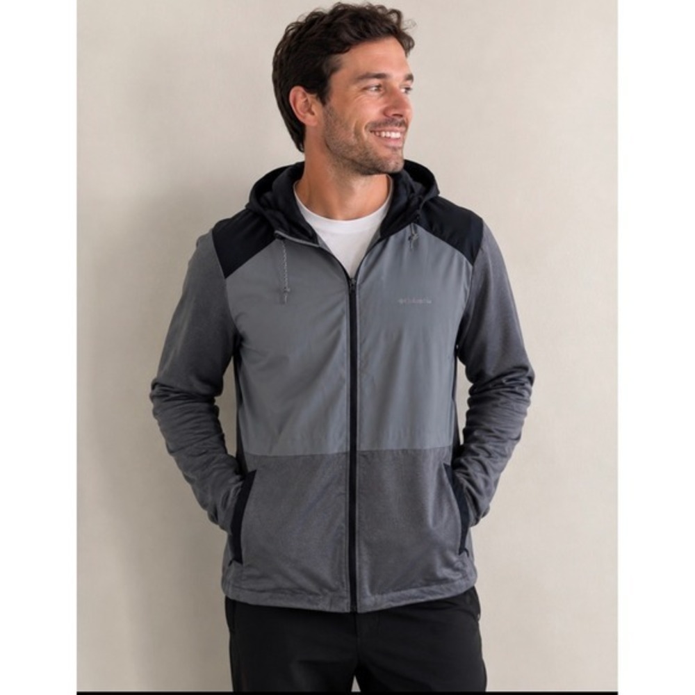 Columbia Omni-Wick Mens Large Gray Black Colorblock Full Zip Hooded Jacket